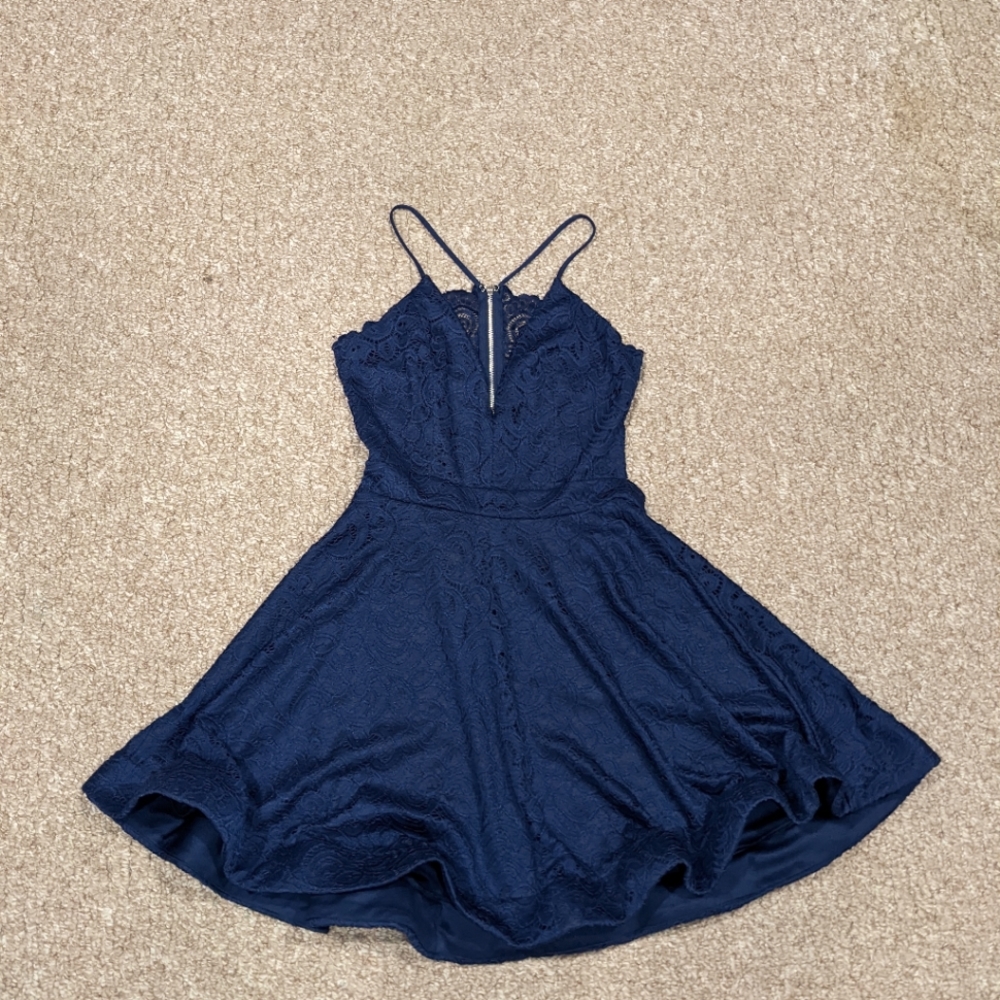 Windsor Small Navy Blue Spaghetti Strap Fit and Flare Lace Dress